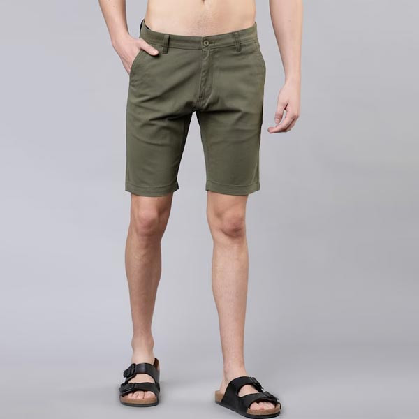 Men Olive Green Solid Slim Fit Shorts