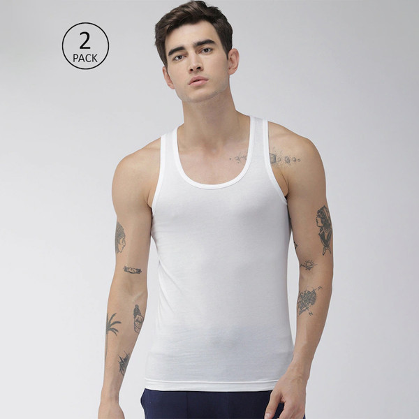 Men Pack of 2 White Solid Gym Vests