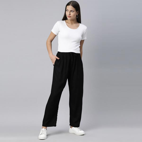 Women Black Viscose Solid Woven Palazzos