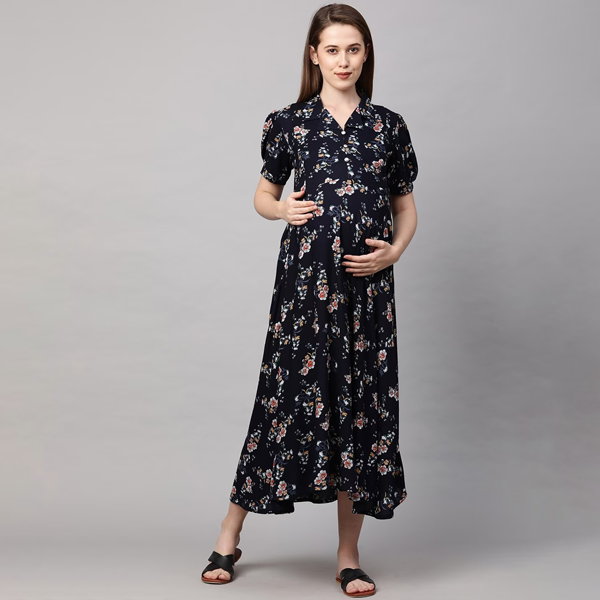 Navy Blue Floral Maternity Fit & Flare Midi Nursing Dress