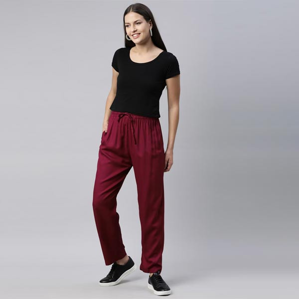 Women Red Viscose Solid Woven Palazzos