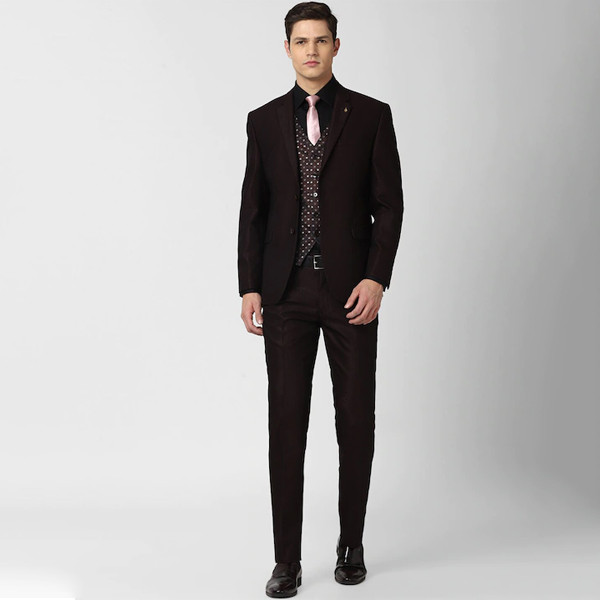 Men Brown Self Design Slim-Fit 3 Piece Formal Suits