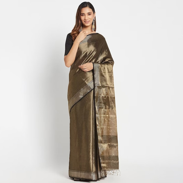 Women Black & Gold-Toned Woven Design Silk Cotton saree