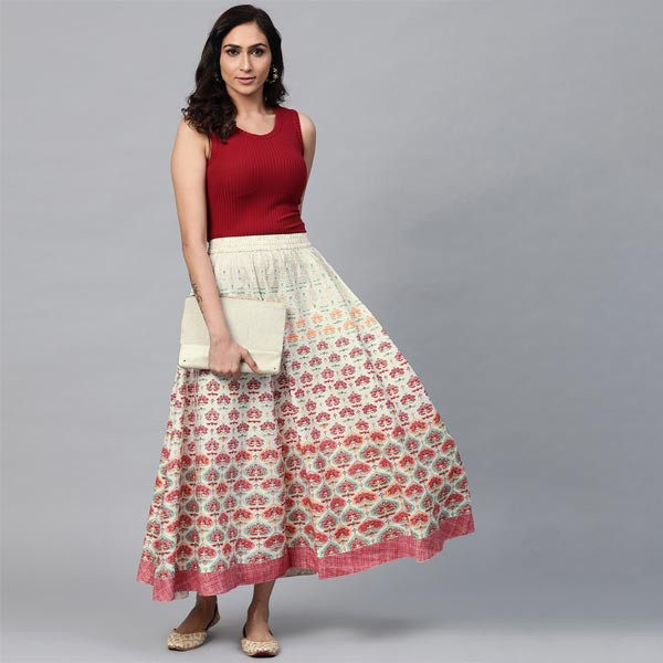 White & Red Ethnic Print Flared Maxi Skirt