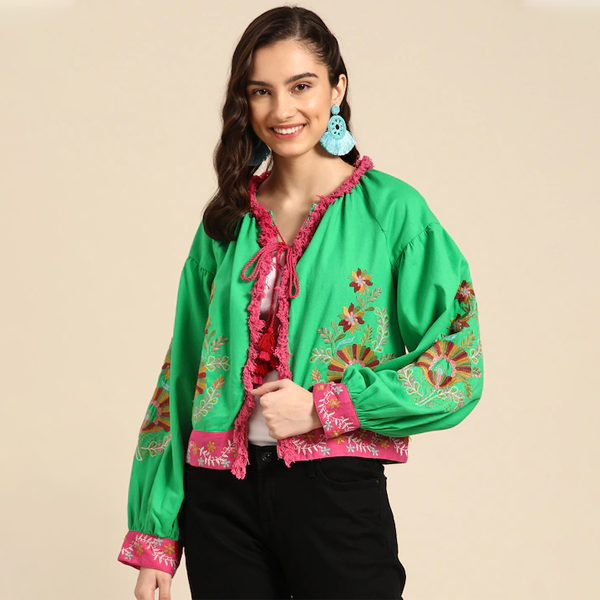 Floral Embroidered Tie-Up Shrug