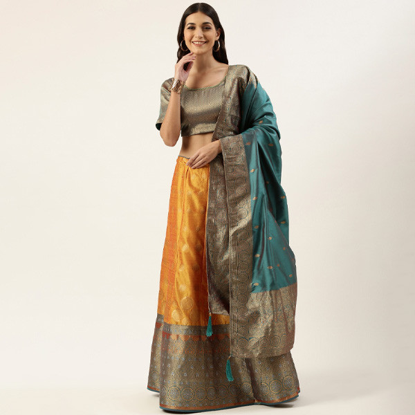 Teal & Mustard Yellow Unstitched Lehenga & Blouse With Dupatta