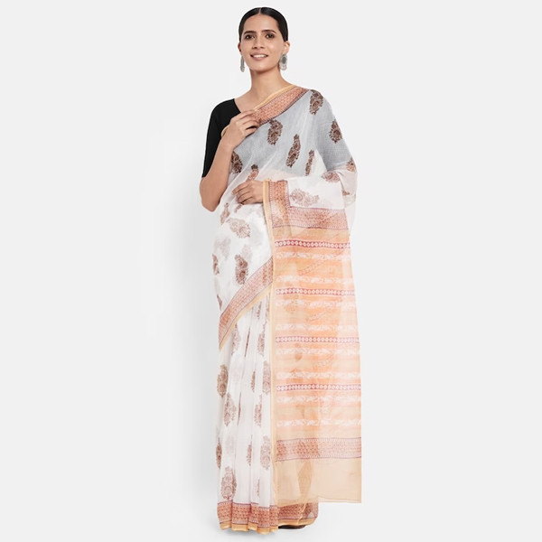 Off White & Brown Ethnic Motifs Silk Cotton Saree