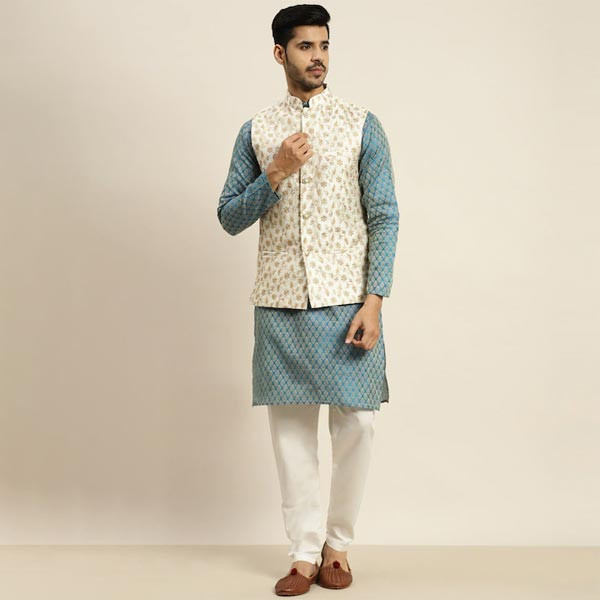 Men Blue Ethnic Motifs Kurta with Pyjamas & Nehru Jacket