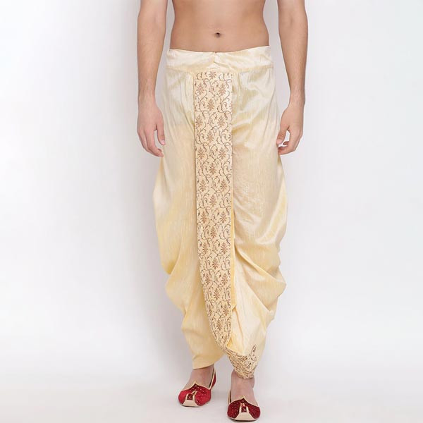 Men Beige & Gold-Coloured Embroidered Silk Dhoti