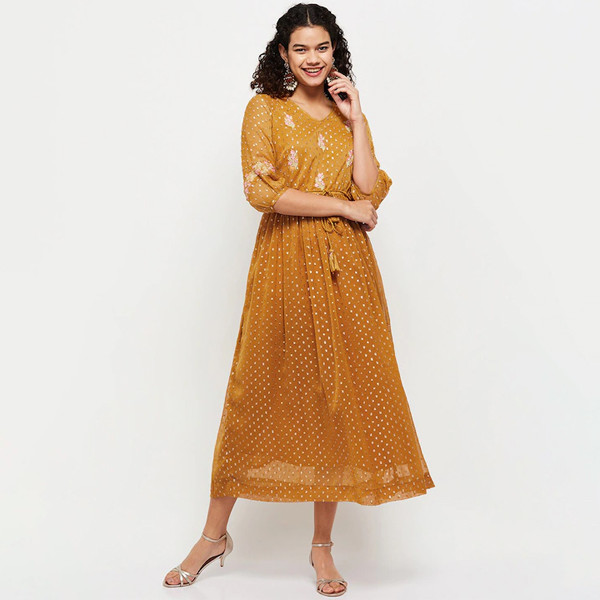 Women Mustard Yellow Embroidered Maxi Ethnic Dress