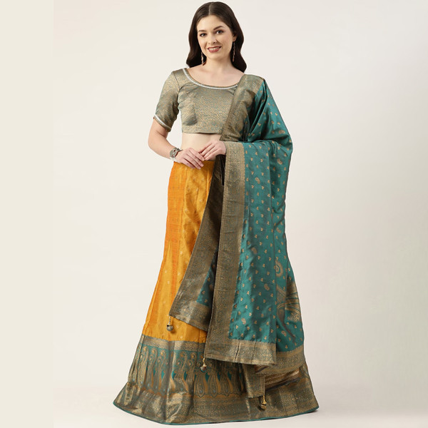 Yellow & Green Unstitched Lehenga & Blouse With Dupatta