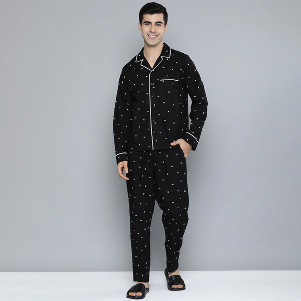 Men Black & White Printed Pure Cotton Night suit