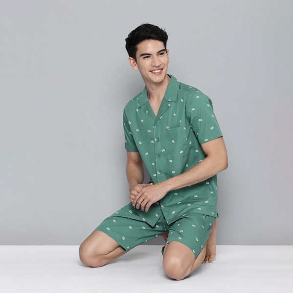 Men Green Geometric Printed Night suit