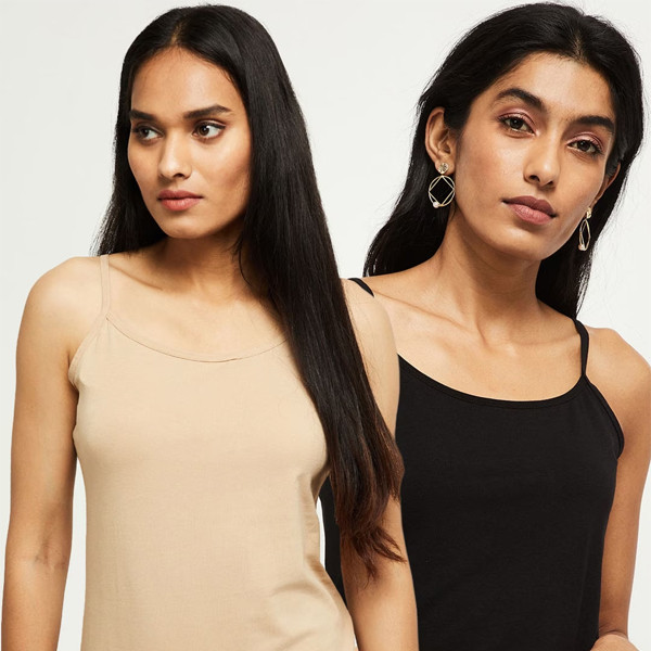 Women Pack Of 2 Cream & Black Solid Pure Cotton Camisoles