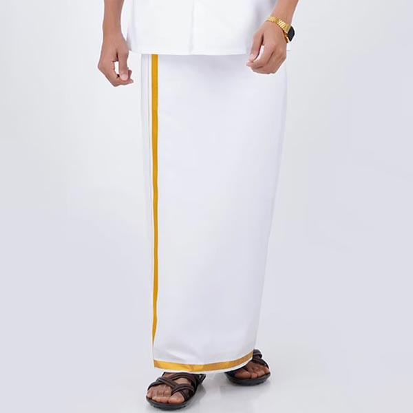 Men White Pure Cotton Gold Zari Border Dhoti