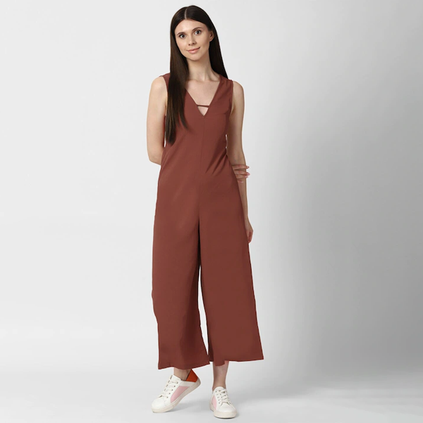 Brown Solid Basic Jumpsuit